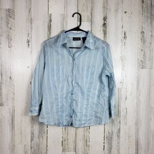 3/$15 NY&C blue, yellow striped womans button down shirt size large
